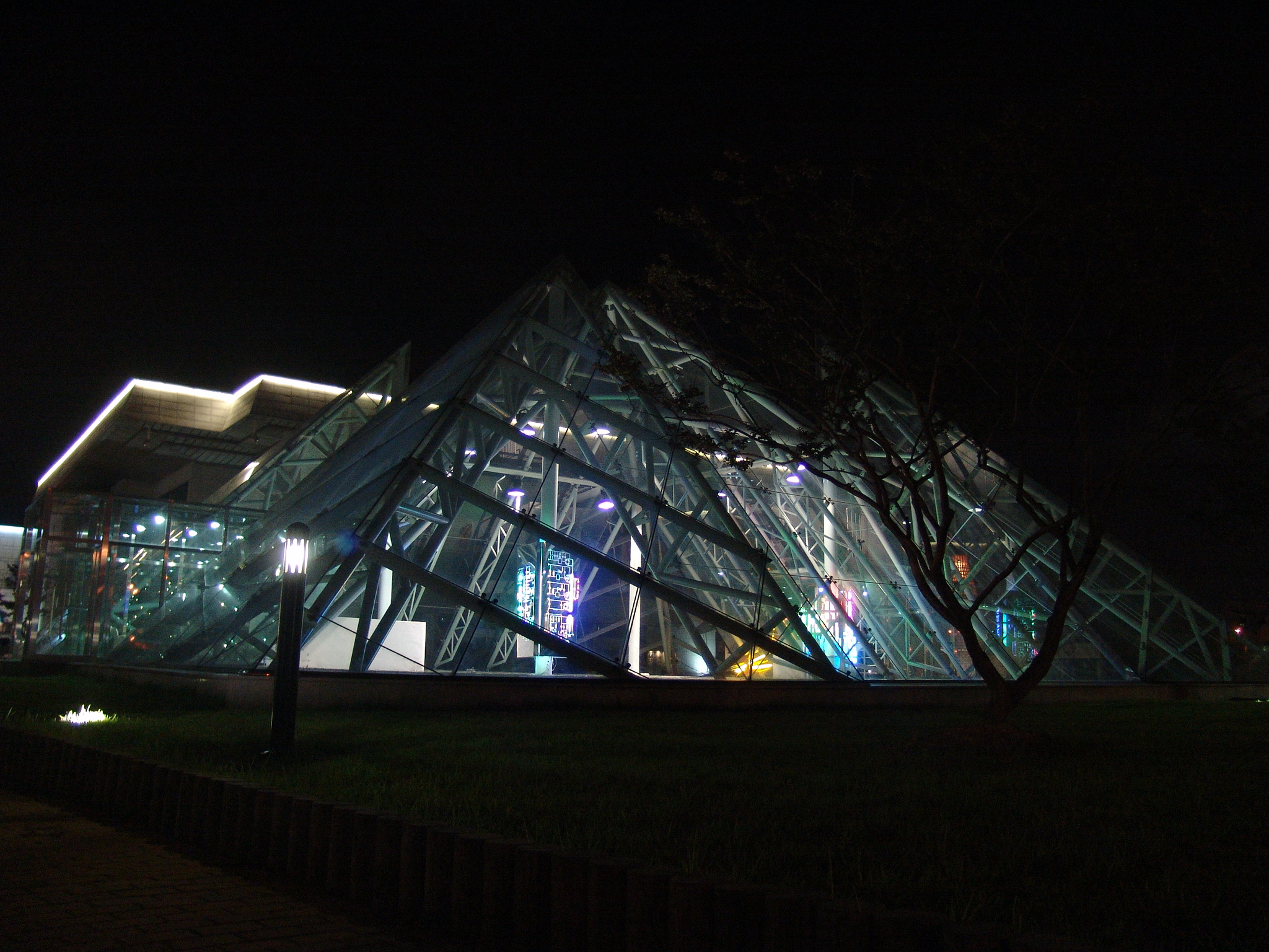 Exterior view of the glass pyramid and installation at Gyeonggi Culture Hall
